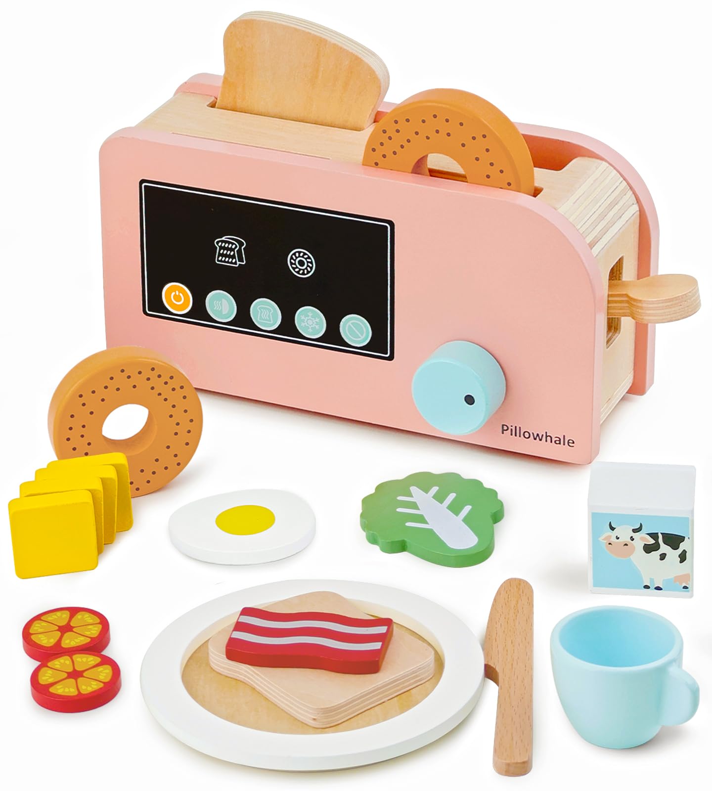 Pillowhale Wooden Pop‑Up Toaster Set for Kids, 17 Pcs Wooden Play Food Kitchen Accessories, Kids Pretend Play Breakfast Set Toy for Boys Girls Age 3+