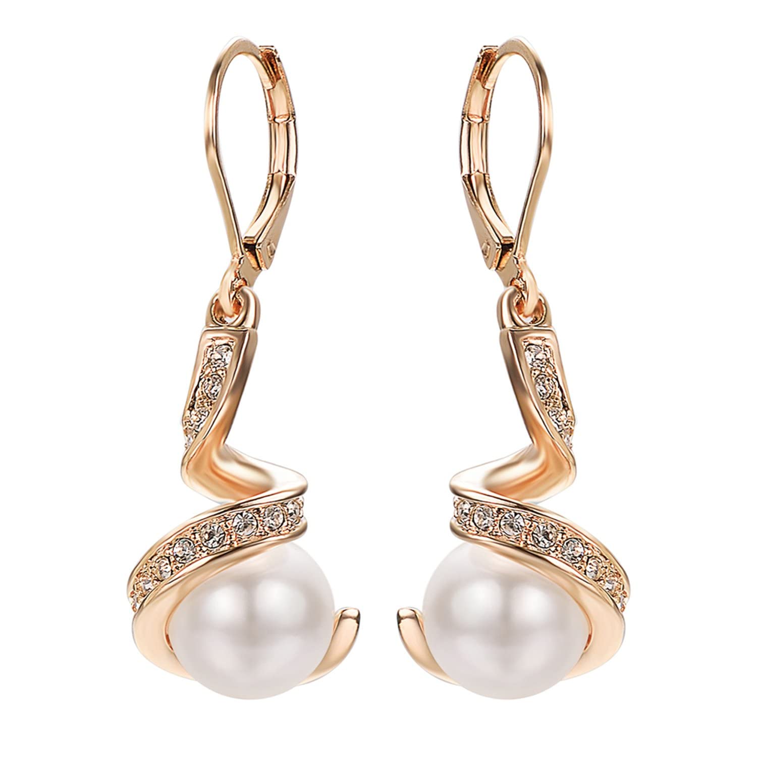 Vogem White Pearl Drop Earrings Gold for Women Spiral Cubic Zirconia Leverback Earrings 18ct Rose Gold Plated Dangly Earring