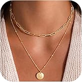 JIAOGE Valentines Day Gifts for Her Kids - Layered Gold Disc Initial Necklaces for Women Girls Gifts Dainty Gold Necklace for Women Paperclip Beaded Necklaces Gold Jewelry for Womens Teen Girls