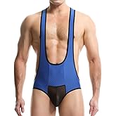 WMIERFI Men's Bodysuit Thong Jockstrap Mesh Patchwork Jumpsuit Leotard G-string Wrestling Singlet One-piece