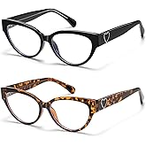 Kafirlo 2 Pack Reading Glasses for Women, Black Lacquer Heart Blue Light Blocking Computer Readers with Spring Hinge