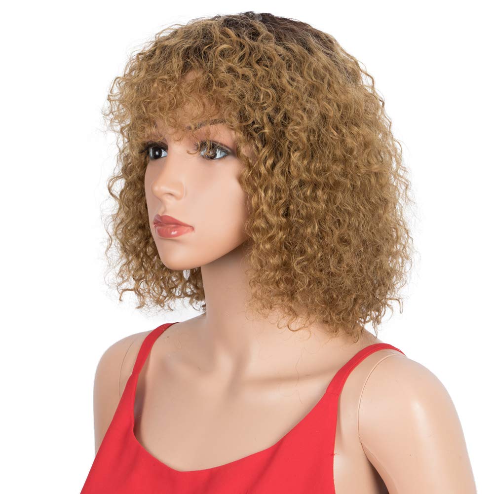 Spotlight Short Kinky Curly Wigs 10 inch Bob Loose Wave Human Hair Wigs for Women Brazilian Virgin Human Hair Wigs with Bangs 180% Density Natural Looking (Ombre Blonde, TT2/27)