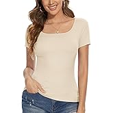 Qukayang Womens Square Neck Short Sleeve Casual Slim Fitted Tshirts Tops Summer Going Out Work Cute Shirts Trendy 2026