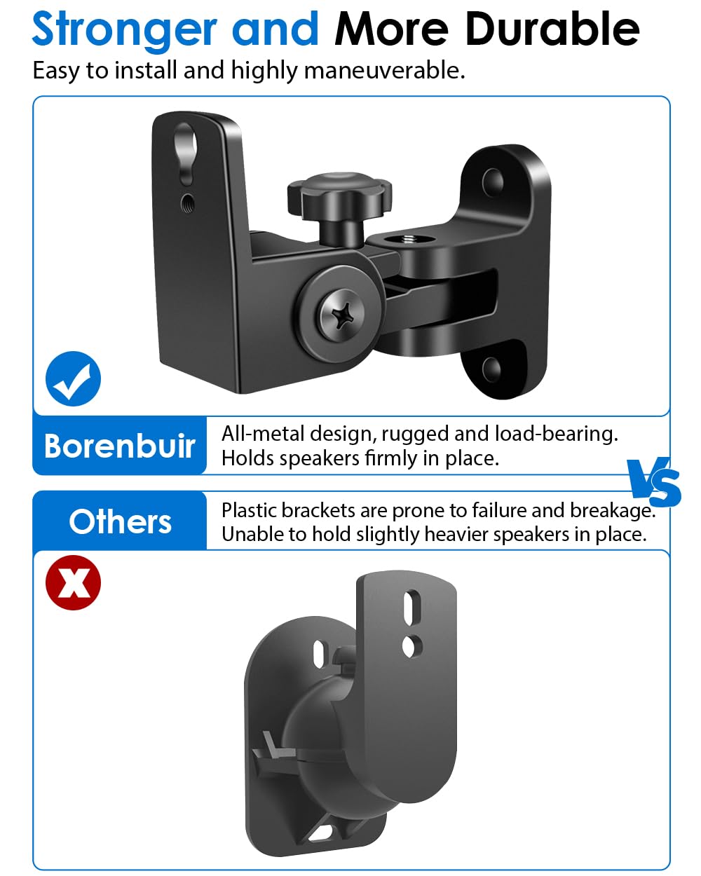 Speaker Wall Mounts, 2 Packs Universal Mounting Bracket for Small Bookshelf Speakers, Vertical 120°, Horizontal 180°Adjustment, Compatible with Bose, JBL, KEF,Sony & Others, Hold up to 32 lbs