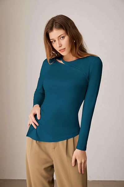 STYLISH WOMENS ROUND NECK CUTOUT PARTY TOPS TWIST FITTED LONG SLEEVE SHIRTS RUCHED SLIT ASYMMETRICAL HEM FALL TUNIC GREEN L