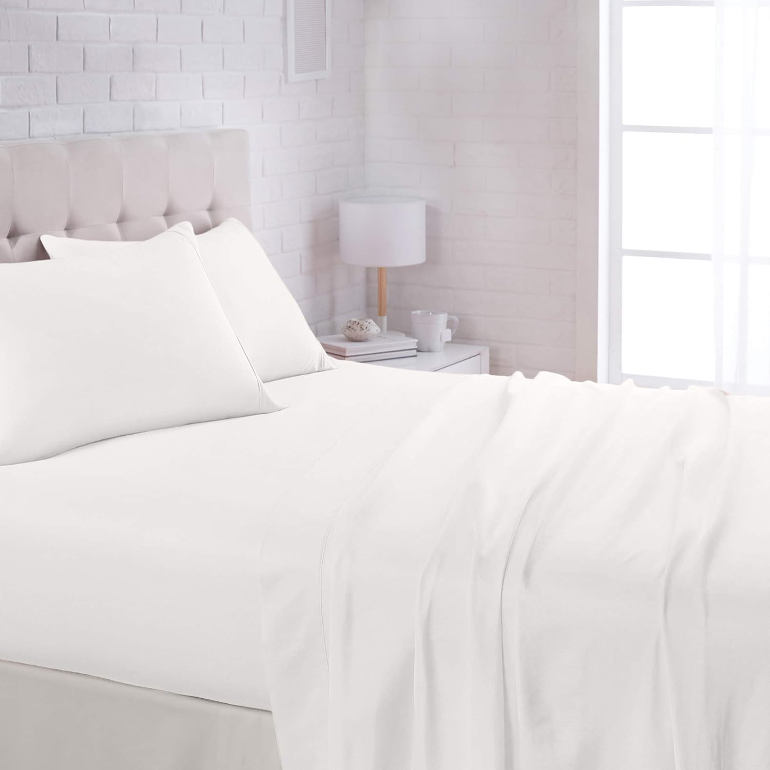 Basics Lightweight Super Soft Easy Care Microfiber Sheet Set with 16" Deep Pockets - Queen, White: Home & Kitchen
