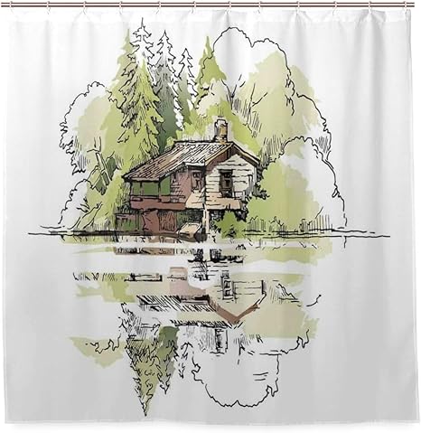 Amazon Patinisa 防水シャワーカーテン 森の中の湖の家のスケッチ手描きの構図休暇 浴室 目隠し 間仕切り取付簡単 カーテンリング付属 おしゃれ バスカーテン 180ｘ180cm シャワーカーテン ホーム キッチン オンライン通販