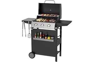 Zvivofla 3-Burner Propane Gas Grill for Outdoor Cooking, Stainless Steel BBQ Grill with Side Shelves, Thermometer & Wheels, 36,000 BTU Backyard Patio Grill for Garden, Balcony, or Camping