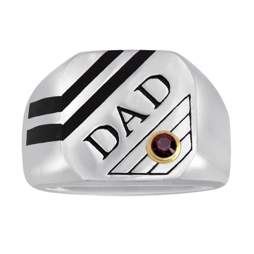 Men's Stainless Steel and Black Enamel Dad Ring w/Swarovski Birthstone - January, Size 8