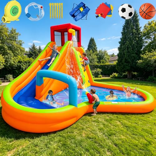 Inflatable Water Slide,6 in 1 Bounce House Outdoor Backyard,Waterslide with Slide,Large Splash Pool,Archway,Sprinkler,Climbing Wall & Water Cannon,480W Blower Included,Backyard Water Park