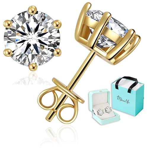 Moissanite Earrings for Women,1-4ct 925 Sterling Silver Moissanite Stud Earrings,Jewelry for Mother Mom Wife Girlfriend, with Certificate (6 Prong - Yellow Gold Plated, 0.6ct pair/ 0.3ct each)