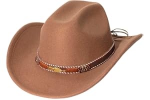 LolliWeaver Women Men Fashion Wide Brim Teardrop Crown Felt Western Cowboy Cowgirl Hat with Silver Studs Leather Hat Band