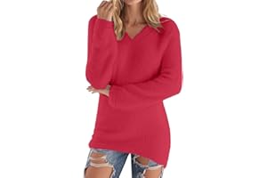 Olivcker Womens V Neck Fuzzy Long Sweater Casual Warm Long Sleeve Fluffy Comfort Pullover Winter Fall Thermal Soft Clothes