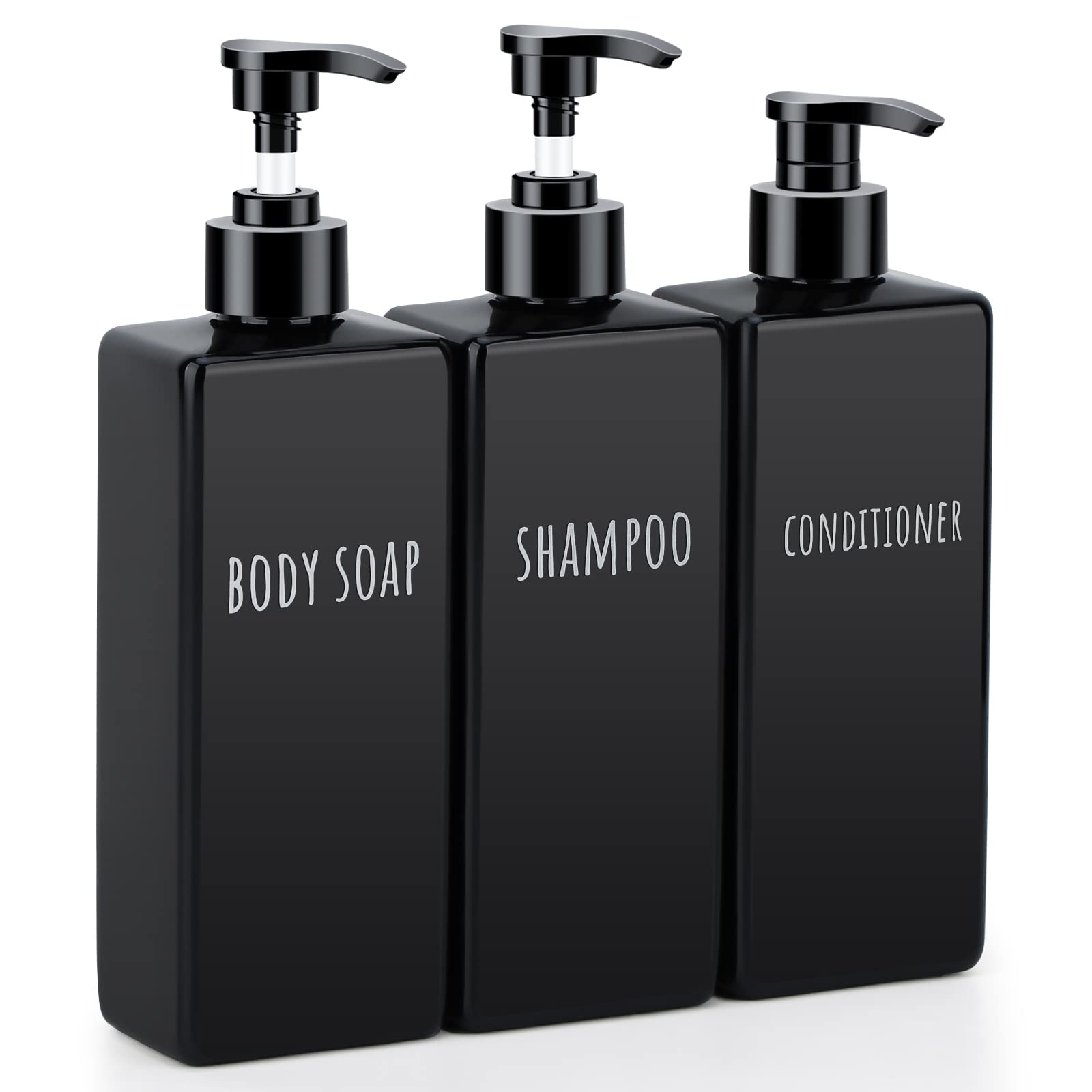 Segbeauty Square Soap Dispenser Black, 3pcs 16.9oz Refillable Shampoo and Conditioner Bottles, 500ml Empty Reusable Plastic Pump Bottle Bathroom Shower Dispenser Set for Body Wash Liquid Gel Lotion — image 1