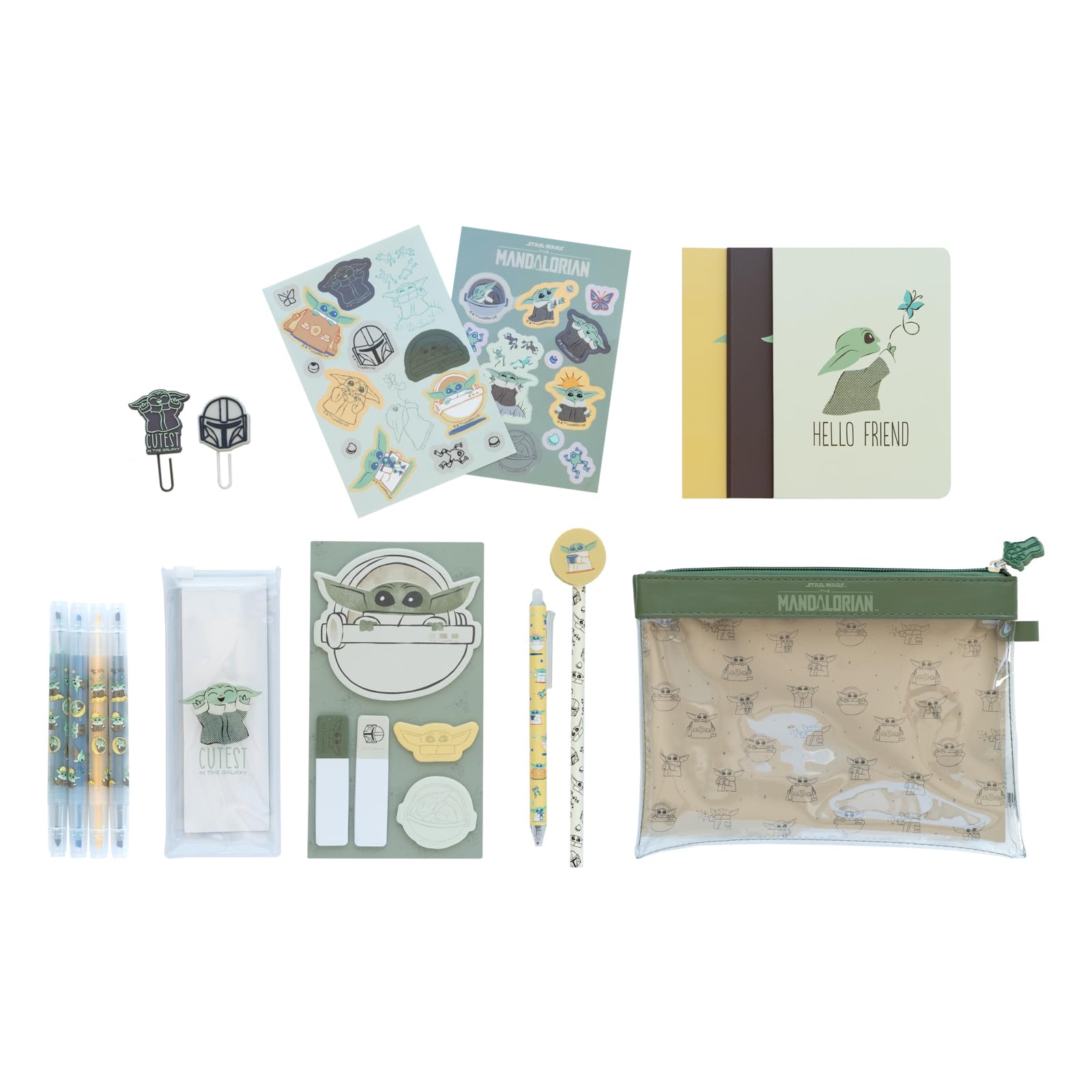 Grupo Erik Star Wars Stationery Set - Grogu Gifts | Pencil Case With A6 Notebooks, Highlighters, Sticky Notes, Paper Clips, Stickers, Pen, Pencil | Star Wars Gifts The Mandalorian