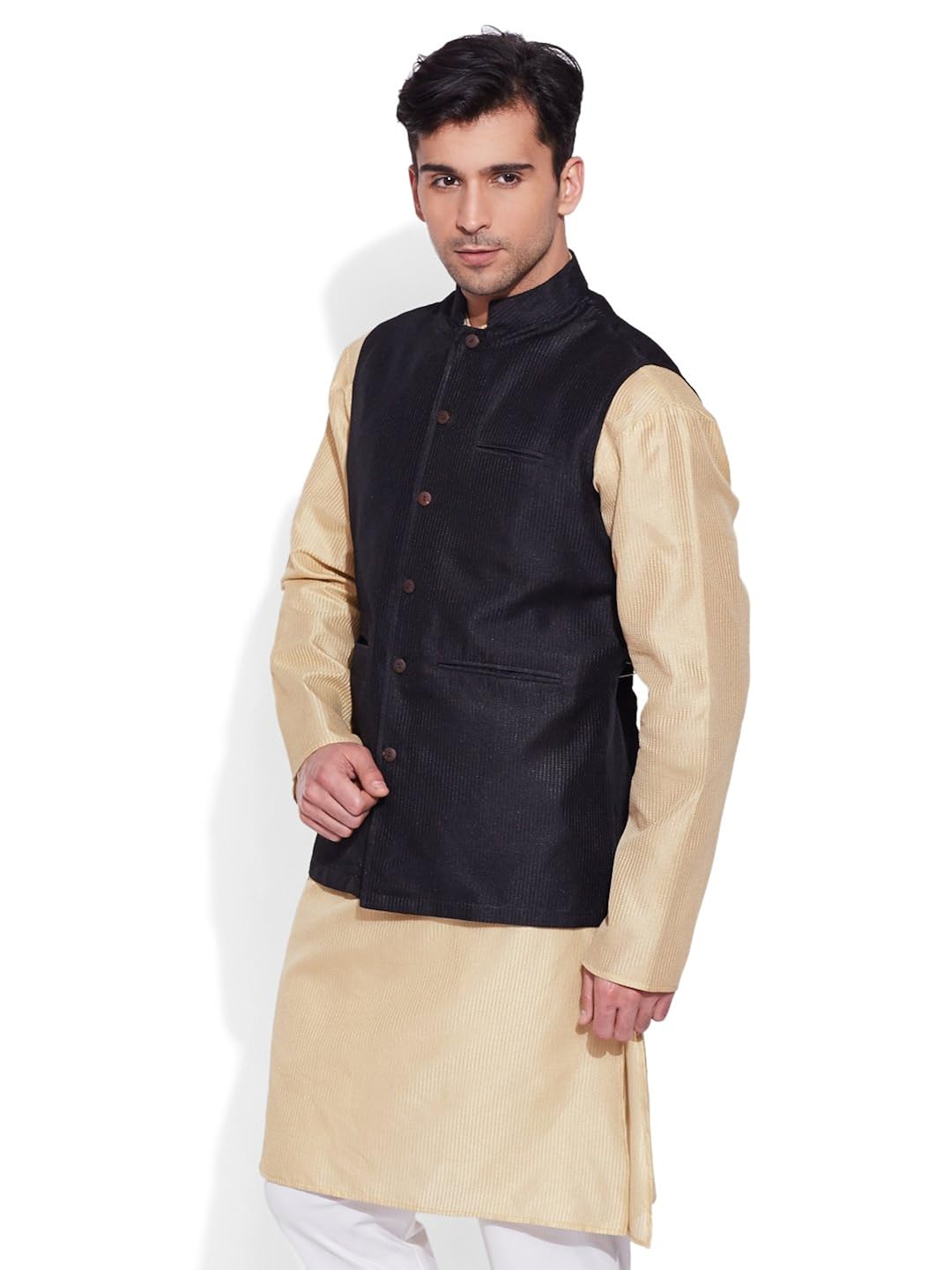 very me men's designer black faux silk textured nehru jacket