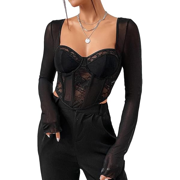 Women 's Corset Crop Tops, Long Sleeve Lace Patchwork Solid