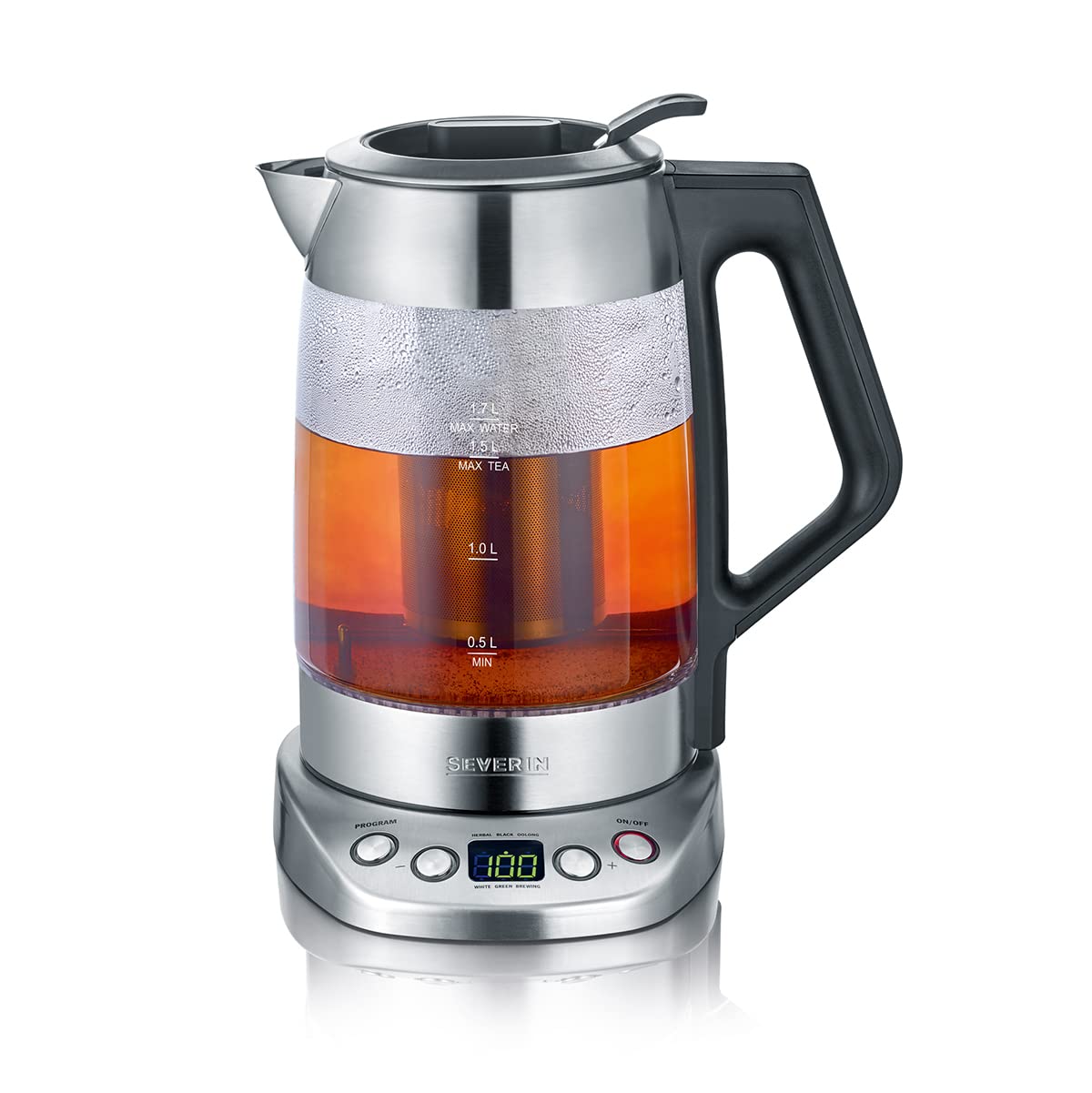 Severin Bouilloire Eau Et Thé, 1,7L, 3 000W, Filtre À Thé, Température Et Temps D'Infusion Personnalisables, Verre/Inox, Wk 3479