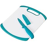 Farberware 2-Piece Paring Knife and Cutting Board Set, 3.5-Inch Paring Knife with Resin Coating and Custom-Fit Blade Cover and Non-Slip Plastic Chopping Board, Dishwasher-Safe Set, White/Blue