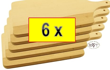 6 Stück Bruschetta-Servierbrett - massive, hochwertige 16 mm starke Holzbretter natur, Maße viereckig je ca. 42 cm x 20 cm al