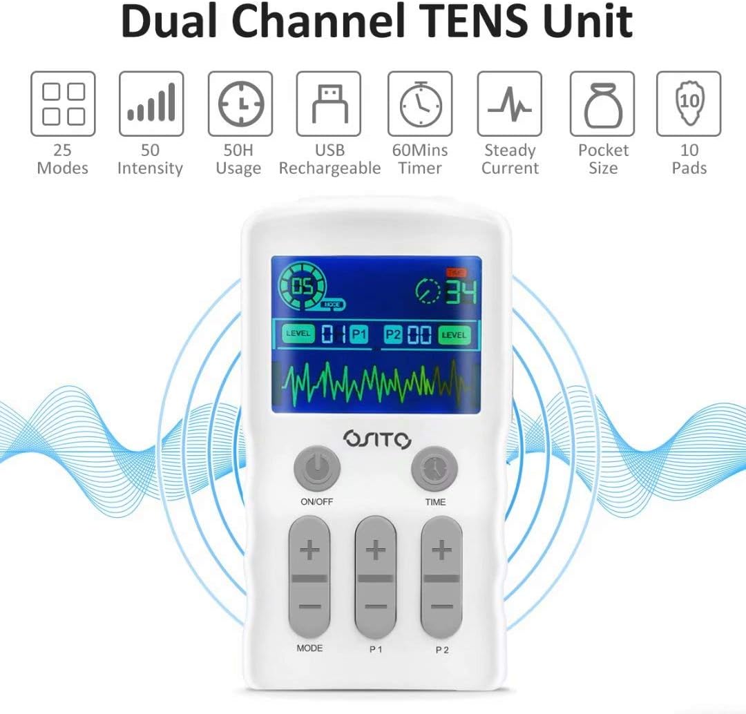 TENS Unit Muscle Stimulator OSITO Dual Channel Electric Pulse Massager with Color Display TENS Machine Muscle Therapy 25-Mode 50-Intensity 10 Electrode Pads for Pain Relief: Health & Personal Care
