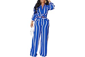 Elainone Women's 2 Piece Outfits Stripe Long Sleeve Button Down Shirt Wide Leg Long Pants with Pockets