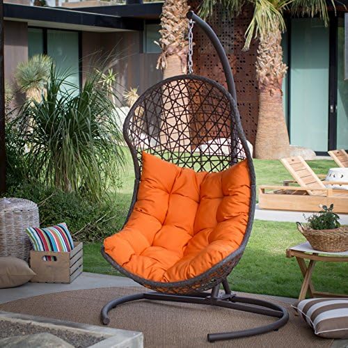 Dark Brown Boho Chic Resin Wicker Hanging Egg Chair w/Stand Outdoor Patio Includes Orange Cushion