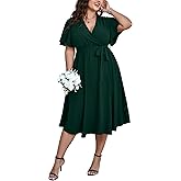SCOMCHIC Womens Plus Size Wedding Guest Cocktail Midi Dress Summer Short Sleeve Wrap V Neck Belted A-Line Flowy Dress