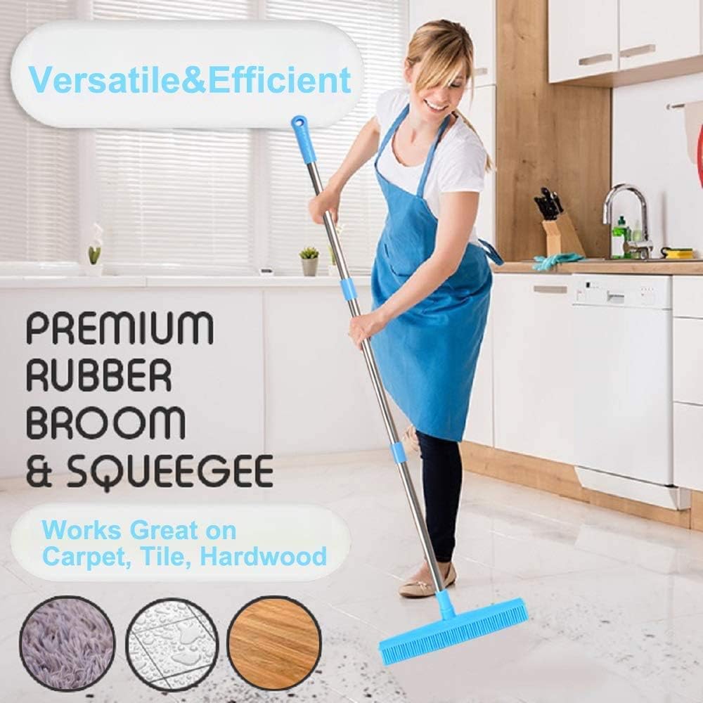 LandHope Carpet Rake Long Handle Pet Dog Hair Rubber Broom Squeegee Fur Remover Broom Carpet Brush 51 inches Indoor Outdoor Push Broom Car Floor Cleaning Non Scratch Bristles Rug Rake Sweeper(Blue): Kitchen & Dining