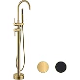 Freestanding Tub Faucet Floor Mount Tub Fillers, Senhozi Brushed Gold Free Standing Tub Faucets, Mixer Tap Two Handle Gold Freestanding Bathtub Faucet with Hand Shower, SE-3001-BG