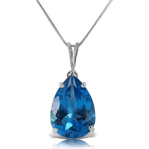 Galaxy Gold GG 14k 18" SOLID White Gold Pendant Box Chain Necklace with Pear Shape Natural Blue Topaz
