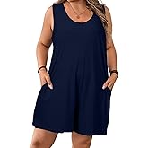 Eytino Womens Plus Size Jumpsuits Crew Neck Casual Sleeveless Solid Short Rompers with Pockets (1X-5X)