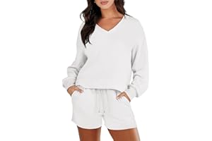 Caracilia Women's 2 Piece Outfits Long Sleeve V Neck Cropped Tops and Shorts Matching Lounge Sets Tracksuit Sweatsuits