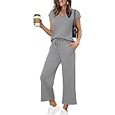 Saloogoe Two Piece Sets for Women Summer Outfits Lounge Sets V Neck Tops Wide Leg Pants Woman Vacation Travel Outfits