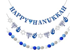 KMCCUMBER Happy Hanukkah Banner, 3 Pcs Hanukkah Garland Decorations Include Hanukkah Banner Chanukkah Pom Pom Garland, Hanukkah Party Decorations for Home