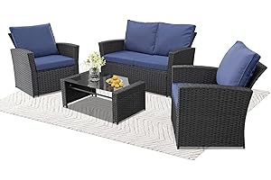 FHFO 4 Piece Outdoor Patio Furniture Set,Wicker Conversation Sets Outdoor Sectional Patio Sofa Couch with Cushions & Coffee Table for Outside, Garden, Balcony, Porch,Black/Blue
