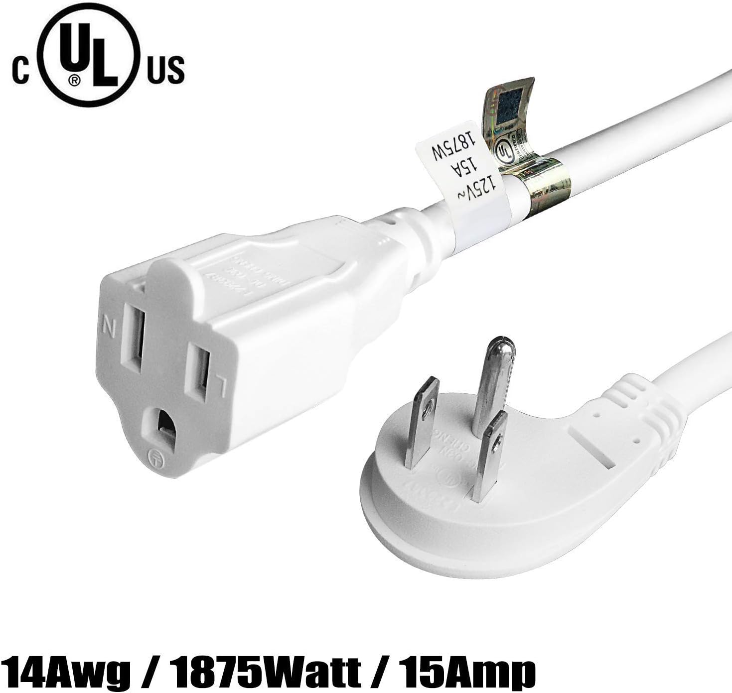 FIRMERST 6 Feet 1875W 15A Flat Plug Low Profile Extension Cord 14 AWG White, UL Listed - - 