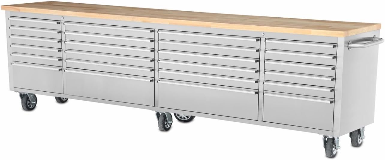 96" Stainless Steel Rolling Tool Cabinet w/ Wood Top