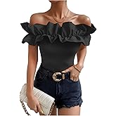 OYOANGLE Women's Ruffle Trim Off Shoulder Short Sleeve Blouse Party Tops Shirt
