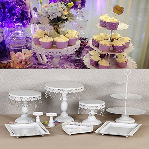 9 Set Metal Crystal Cake Holder Cupcake Stand Cake Dessert Holder with Pendants and Beads,Wedding Birthday Dessert Cupcake Pedestal Display,White (9)