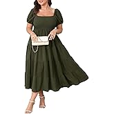 SHESTARR Womens Plus Size Casual Dress Short Puff Sleeve Square Neck Smocked Tiered Summer A Line Flowy Long Maxi Dresses