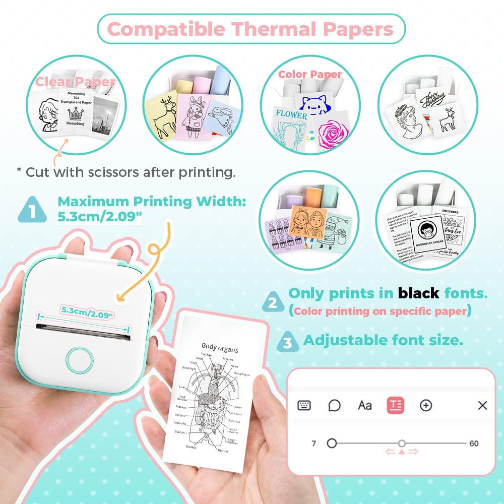 Memoking Print Pods Mini Printer - Sticker Printer Mini Thermal Inkless Sticker Maker Bluetooth Pocket Printpod for Phone, Impresora Portátil for Notes, Flashcards, Diagrams, Journal, DIY, Kids Gift
