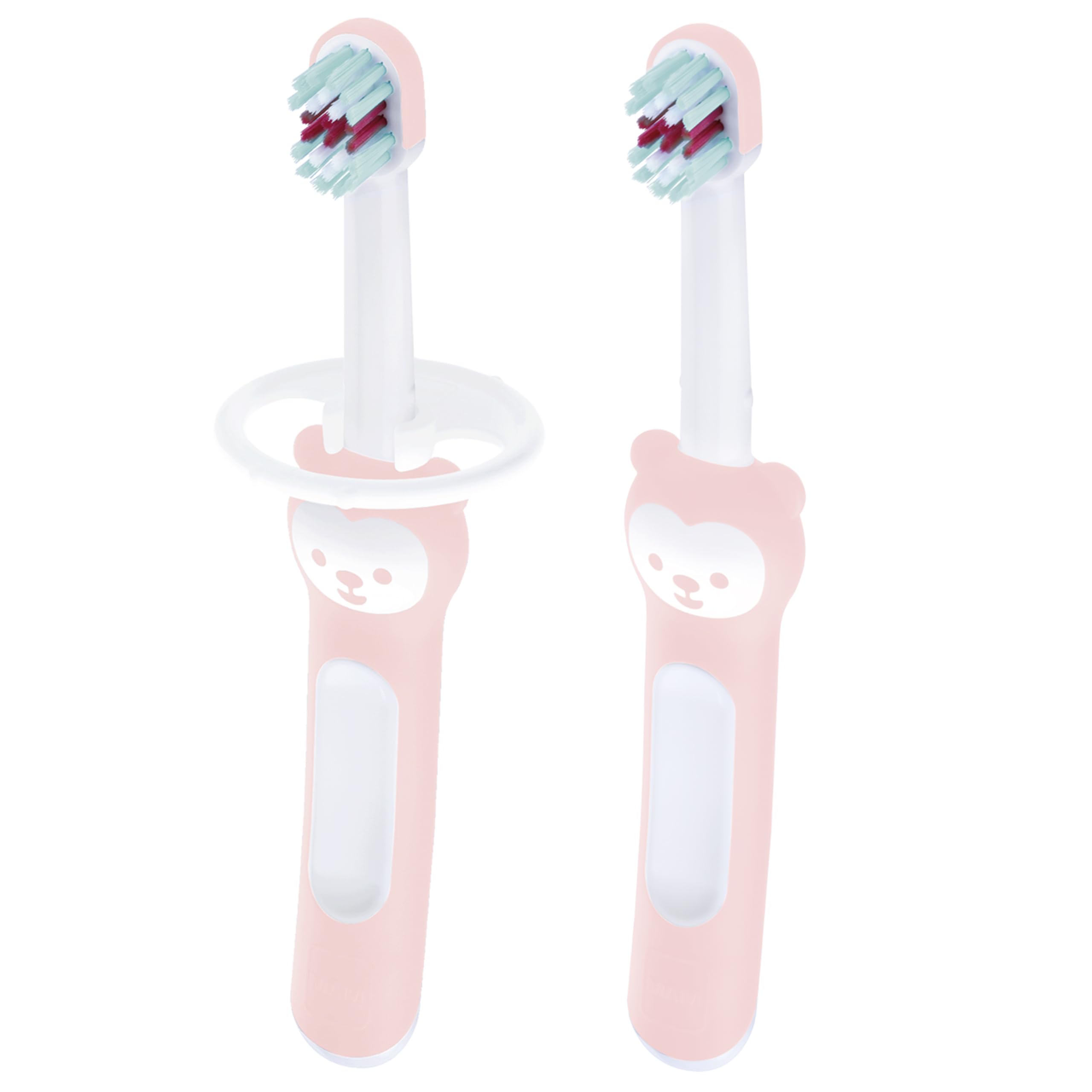 MAM Baby's Brush | 2 Pack | Toothbrush with Safety Shield | 6+ Months | For Teaching Dental Hygiene to Babies | Extra Soft Bristles | Ergonomic and Non-Slip | Pink