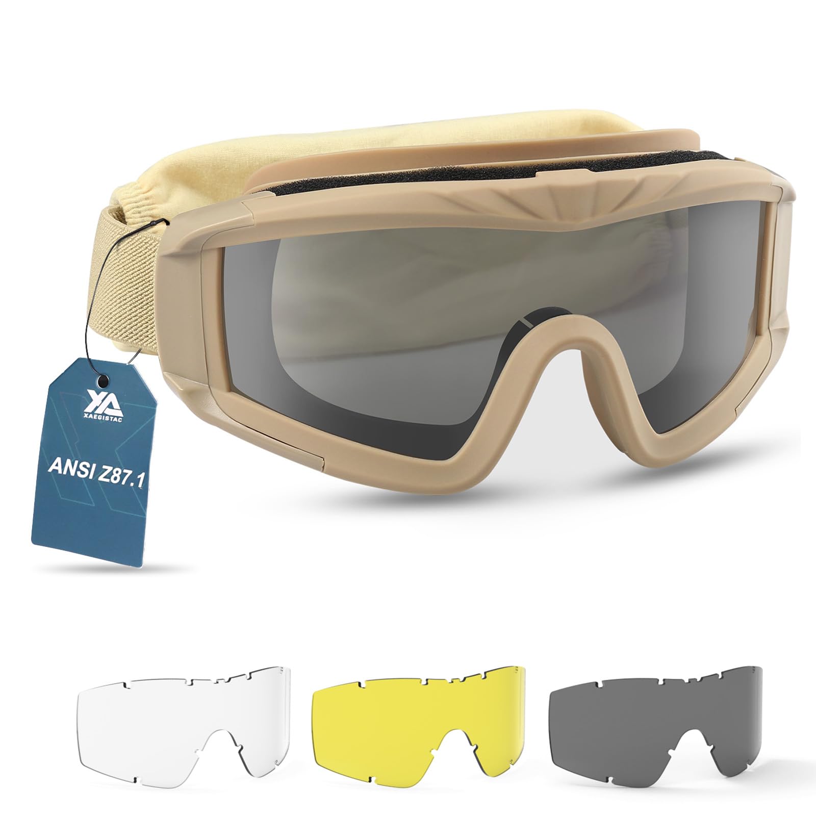 Photo 1 of xaegistac Airsoft Goggles, Tactical Safety Goggles Anti Fog Military Eyewear with 3 Interchangable Lens for Paintball Riding Shooting Hunting Cycling (Khaki)