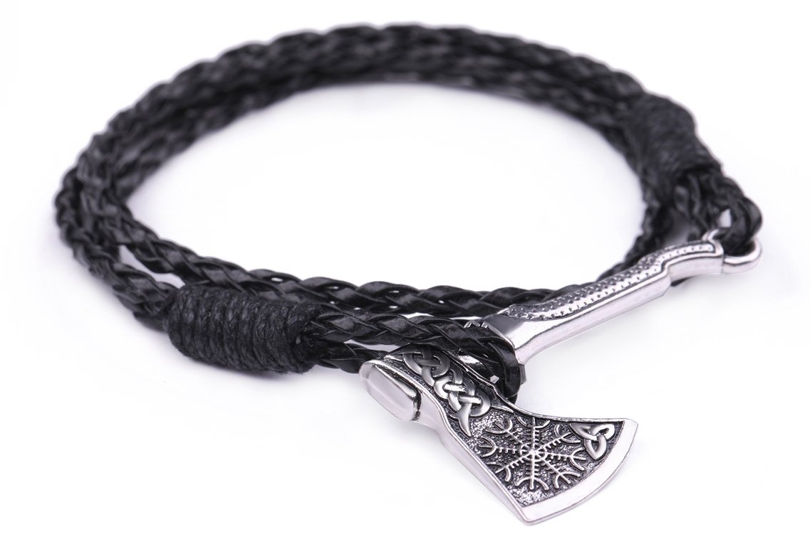 My Shape Valknut Axe Wrap Bracelet Helm of Awe Valknut Amulet Norse Viking Bracelet for Men, Antique Silver, Black, Medium