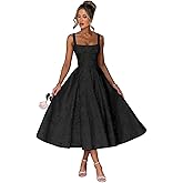 EBAKUS Floral Satin Jacquard Prom Dresses 2026 A-Line Tea Length Midi Square Neck Evening Party Gown with Pockets for Women