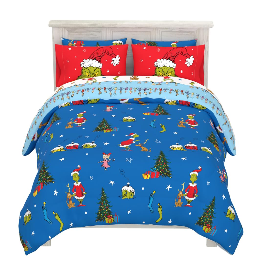 Grinch by Dr. Seuss Holiday & Christmas Bedding Super Soft Comforter and Sheet Set with Sham, 7 Piece Queen Size (Official Dr. Seuss Product) by Franco Image