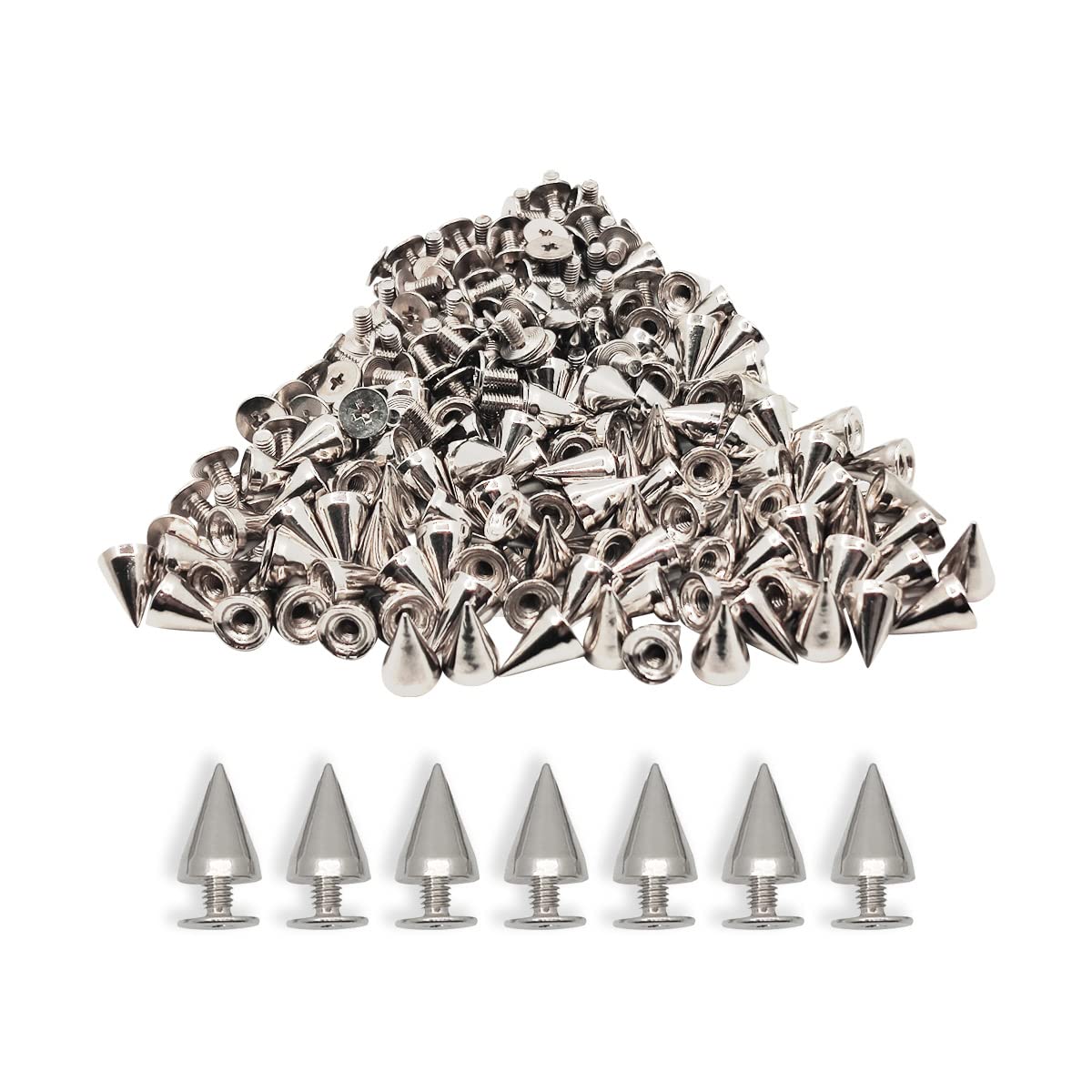 zhuohai 100 Pairs Cone Spikes Screwback Studs, Cone Silver Studs and Spikes Punk, DIY Leather Craft Cool Rivets Punk(7X10mm)