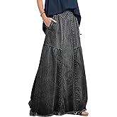 loveimgs Women's Vintage Frayed Hem A Line Long Maxi Skirt Distressed Elastic High Waist Retro Jeans Skirt