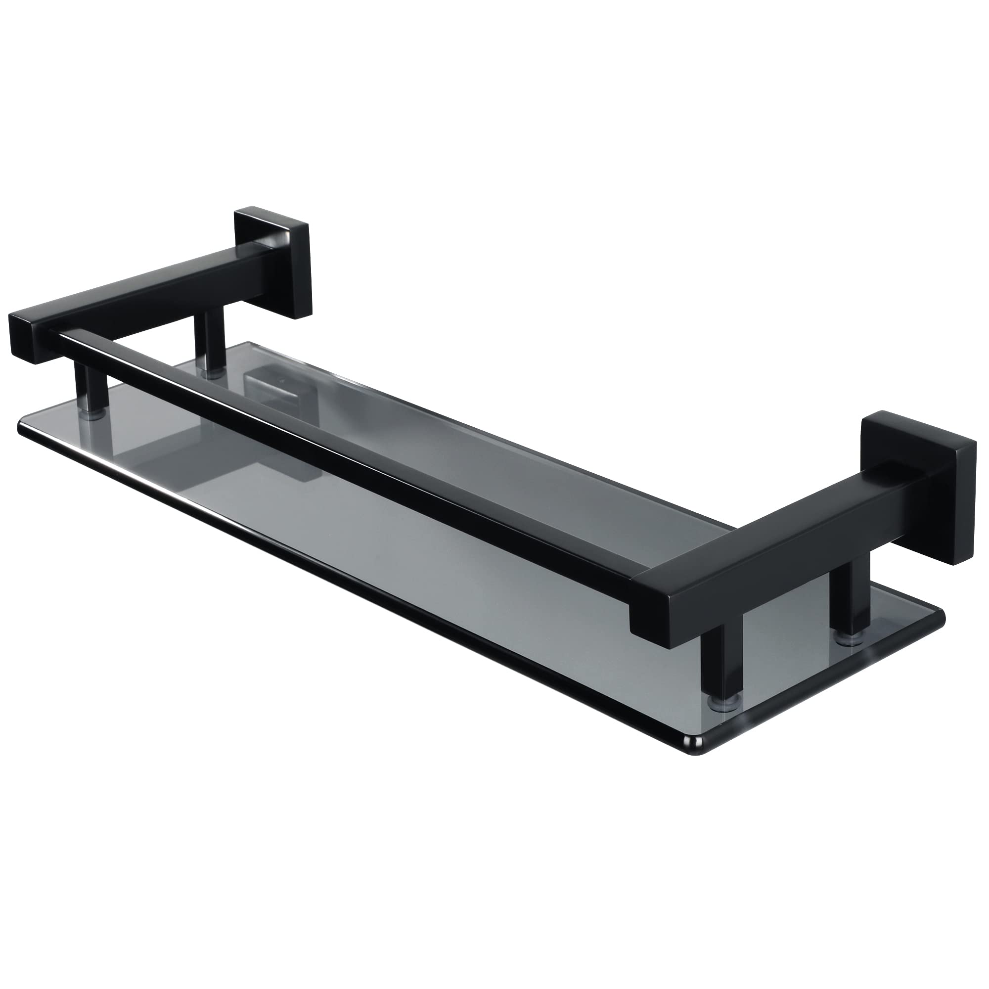 SAYAYO Bathroom Shelf Tempered Black Glass Shelf with Square Rail Wall Mounted 16 inches, Stainless Steel Matte Black Finished, EGC2000-40-B